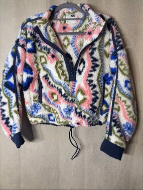 SO Sherpa Half-Zip Pullover in Pink, Blue & Olive Abstract 0169